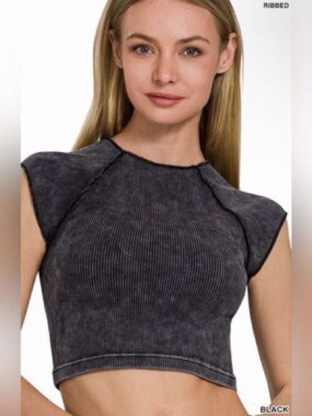 Zenana Outfitters Black Ribbed Cap-Sleeve Crop Top